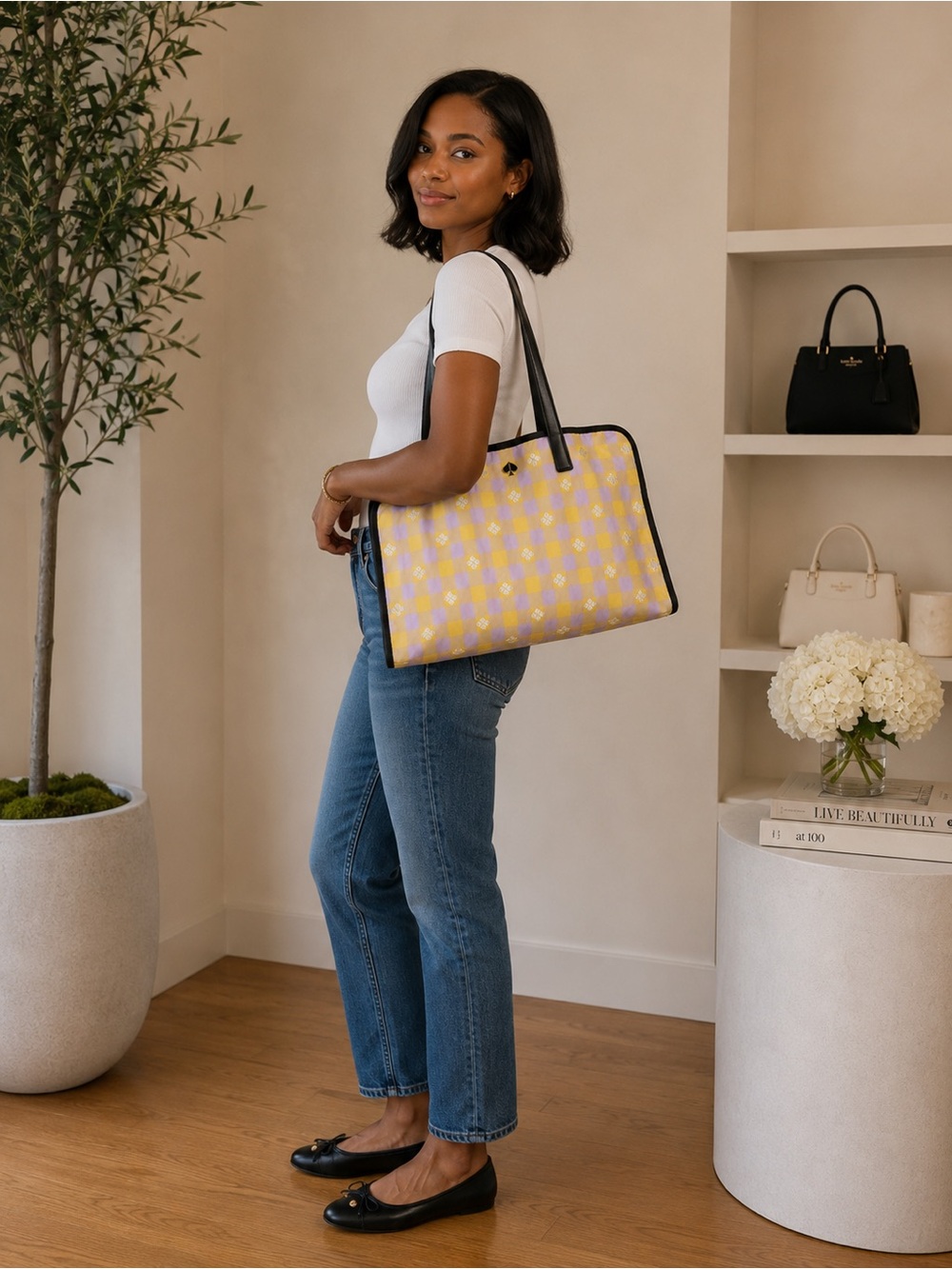 Kate Spade Morley XL Tote in yellow and lilac gingham with signature spade print